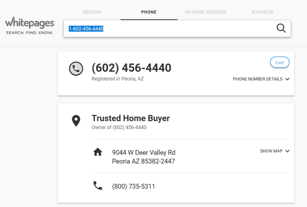 Reverse lookup of the trusted home buyers phone number 